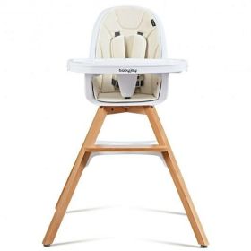 3-in-1 Convertible Wooden Baby High Chair-Beige - Color: Beige