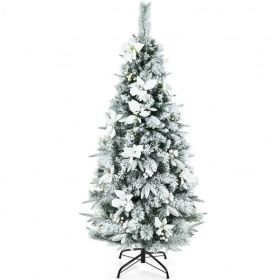 Snow Flocked Christmas Pencil Tree with Berries and Poinsettia Flowers-5 ft - Color: White - Size: 5 ft