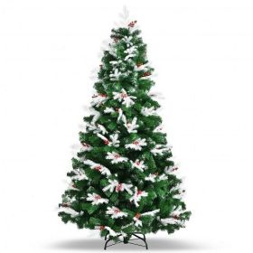 Unlit Snowy Hinged Christmas Tree with Mixed Tips and Red Berries-7' - Color: Green - Size: 7 ft