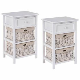 3 Tier Set of 2 Wood Nightstand with 1 and 2 Basket Drawer -White - Color: White