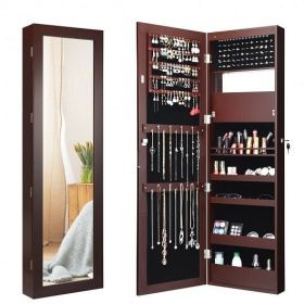 Lockable Wall Door Mounted Mirror Jewelry Cabinet w/LED Lights-Brown - Color: Brown