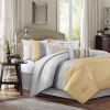 Queen Size 7 Piece Bed In A Bag Comforter Set Faux Silk Yellow Gray Stripes