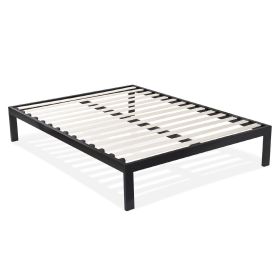 Queen size Modern Black Metal Platform Bed Frame with Wood Slats