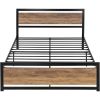 Full Metal Platform Bed Frame with Brown Wood Panel Headboard and Footboard