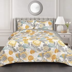 Full/Queen 3 Piece Reversible Yellow Grey Teal Floral Leaves Cotton Quilt Set