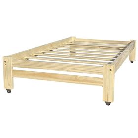 Twin Unfinished Solid Wood Platform Bed Frame with Casters Wheels