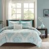 Full / Queen size 5-Piece Damask Comforter Set in Light Blue White and Grey