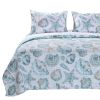 Full / Queen Coastal Seashells White Teal 3 Piece Polyester Reversible Quilt Set